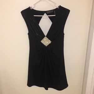 Short/sleeveless black dress w/ rhinestone detail